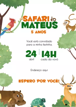 Convite Aniversário Safari com Animais Fofos para Editar Online
