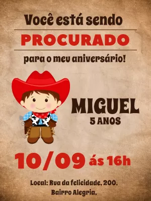 Convite Aniversário Cowboy Procurado para Editar Online