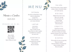 Menu de Casamento Floral com Folhas Azuis para Editar