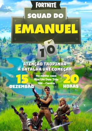 Convite Aniversário Fortnite com Personagens para Editar Online