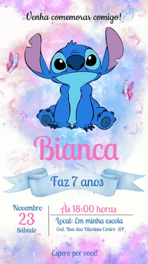 Convite de Aniversário Stitch Fofo para Editar Online