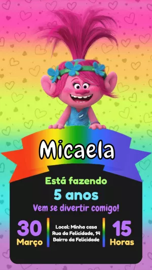 Convite de Aniversário Trolls com a Poppy para Editar Online