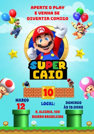 Convite de Aniversário Mario Bros com Personagens para Editar