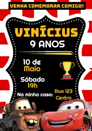 Convite de Aniversário Carros com Relâmpago McQueen para Editar