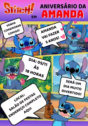 Invitación de cumpleaños Stitch – Estático – Montando a Sua Festa Oficial