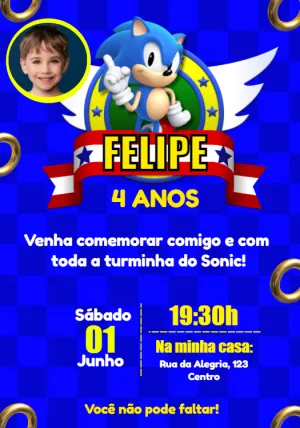 Convite Aniversário Sonic com Foto para Editar Online