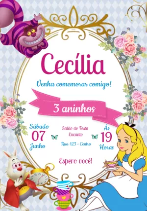 Convite Aniversário Alice no País das Maravilhas para Editar