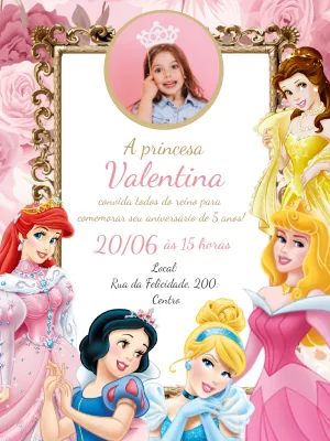 Convite Aniversário Princesas Disney com Foto para Editar
