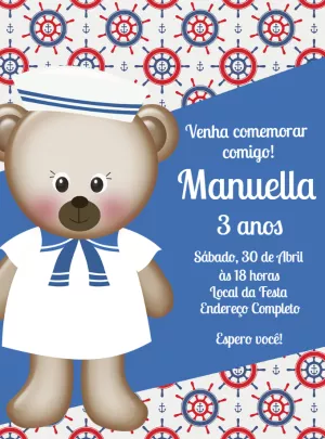 Convite Aniversário Ursinha Marinheira para Editar Online