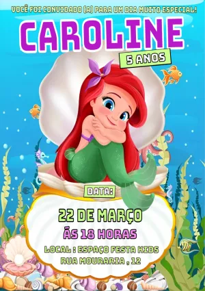 Convite de Aniversário Pequena Sereia Ariel para Editar