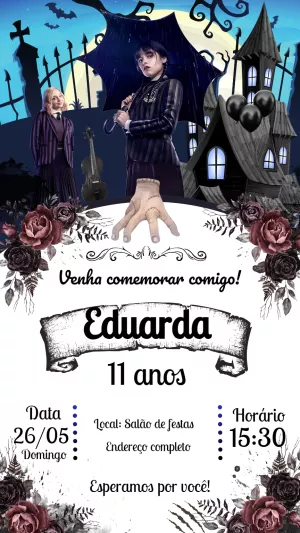 Convite de Aniversário Wandinha Addams para Editar Online