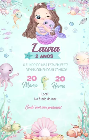 Convite Aniversário Sereia Aquarela para Editar Online