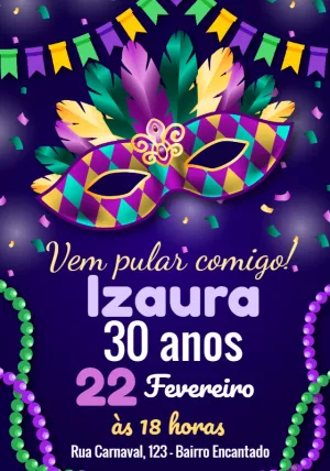 Convite de Aniversário Carnaval com Máscara para Editar Online