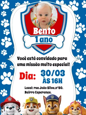 Convite de Aniversário Patrulha Canina com Foto para Editar