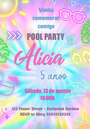 Convite Aniversário Pool Party Tie-Dye Neon para Editar Online