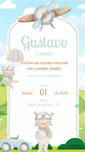 Convite Aniversário Ursinho Aviador para Editar Online