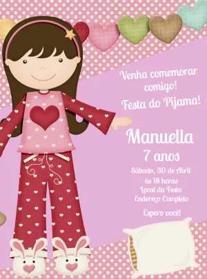 Convite Festa do Pijama Menina para Editar Online e Imprimir