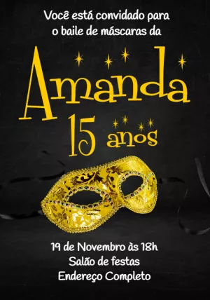 Convite de 15 Anos Baile de Máscaras Dourado para Editar Online