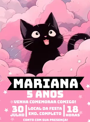 Convite Aniversário Gatinho Preto Fofo para Editar Online