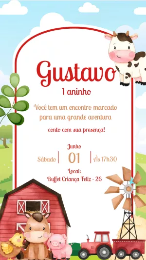 Convite Aniversário Fazendinha com Animais para Editar Online