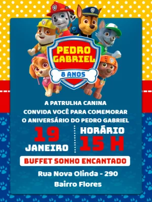Convite de Aniversário Patrulha Canina para Editar Online