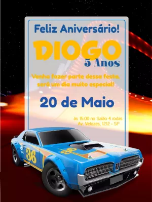 Convite de Aniversário Carros de Corrida para Editar Online