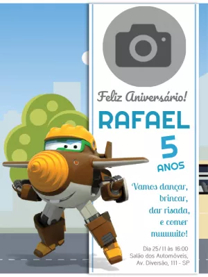 Convite Aniversário Super Wings com Foto para Editar Online