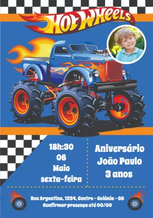 Convite Aniversário HotWheels com Foto para Editar Online