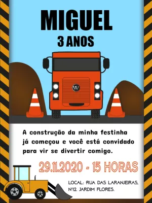 Convite de Aniversário Caçamba e Construção para Editar