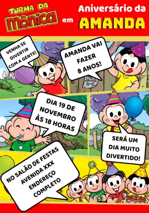 Convite de Aniversário Turma da Mônica para Editar Online
