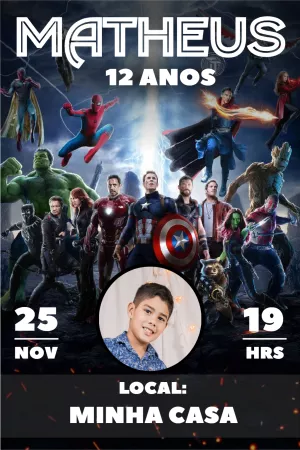 Convite Aniversário Vingadores com Foto para Editar Online