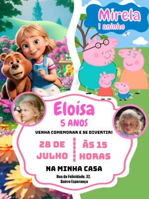 Convite Aniversário Duplo Peppa e Masha com Foto para Editar