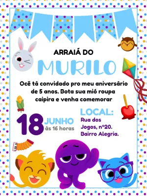 Convite Aniversário Festa Junina Bolofofos para Editar Online