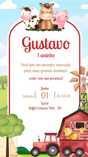 Convite Aniversário Fazendinha com Animais para Editar Online
