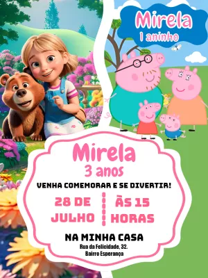 Convite Aniversário Duplo Peppa e Masha e o Urso para Editar