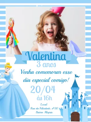 Convite Aniversário Cinderela com Foto para Editar Online