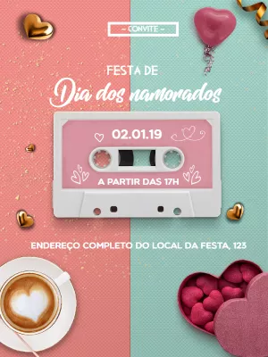 Convite Dia dos Namorados Retrô com Cassete para Editar Online