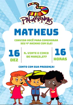 Convite de Aniversário 3 Palavrinhas para Editar Online