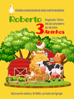 Convite de Aniversário Fazendinha com Animais para Editar