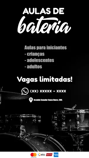 Anúncio de Aulas de Bateria para Editar Online e Divulgar