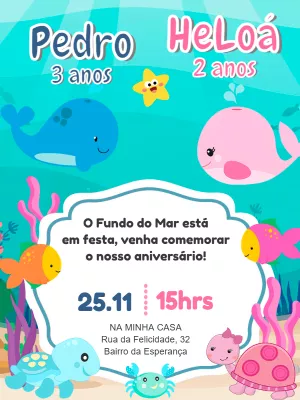 Convite Aniversário Duplo Fundo do Mar para Editar Online