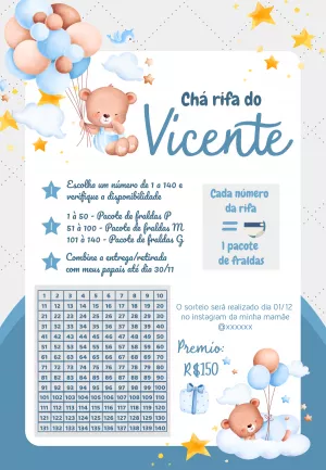 Chá Rifa Ursinho Baloeiro Editável para Menino