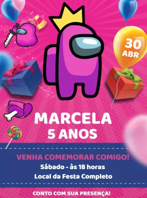 Convite de Aniversário Among Us Rosa para Editar Online