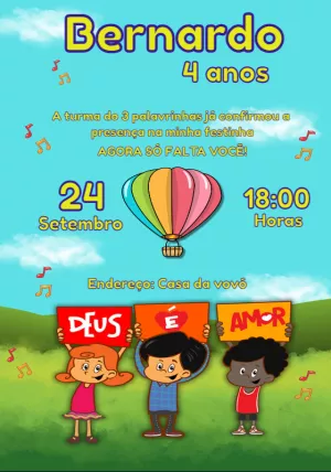 Convite Aniversário 3 Palavrinhas para Editar Online