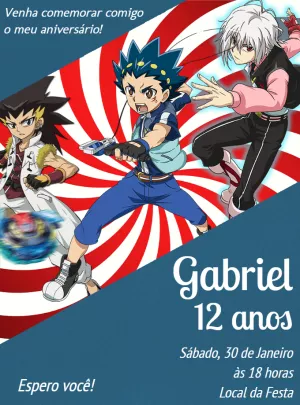 Convite de Aniversário Beyblade com Personagens para Editar