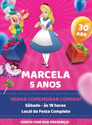 Convite Aniversário Alice no País das Maravilhas para Editar