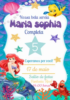 Convite Aniversário Pequena Sereia para Editar Online