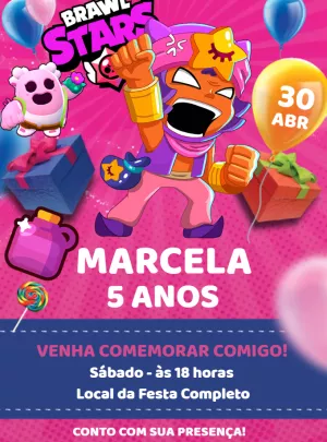 Convite de Aniversário Brawl Stars com Personagens para Editar