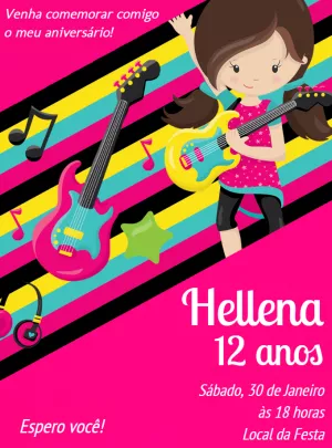 Convite de Aniversário Rock Menina Guitarrista para Editar Online