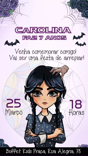 Convite Aniversário Wandinha Addams para Editar Online